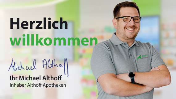 Begrüßungsgrafik der Festung Apotheke mit Text ‚Herzlich willkommen‘ und Hinweis auf Inhaber Michael Althoff.