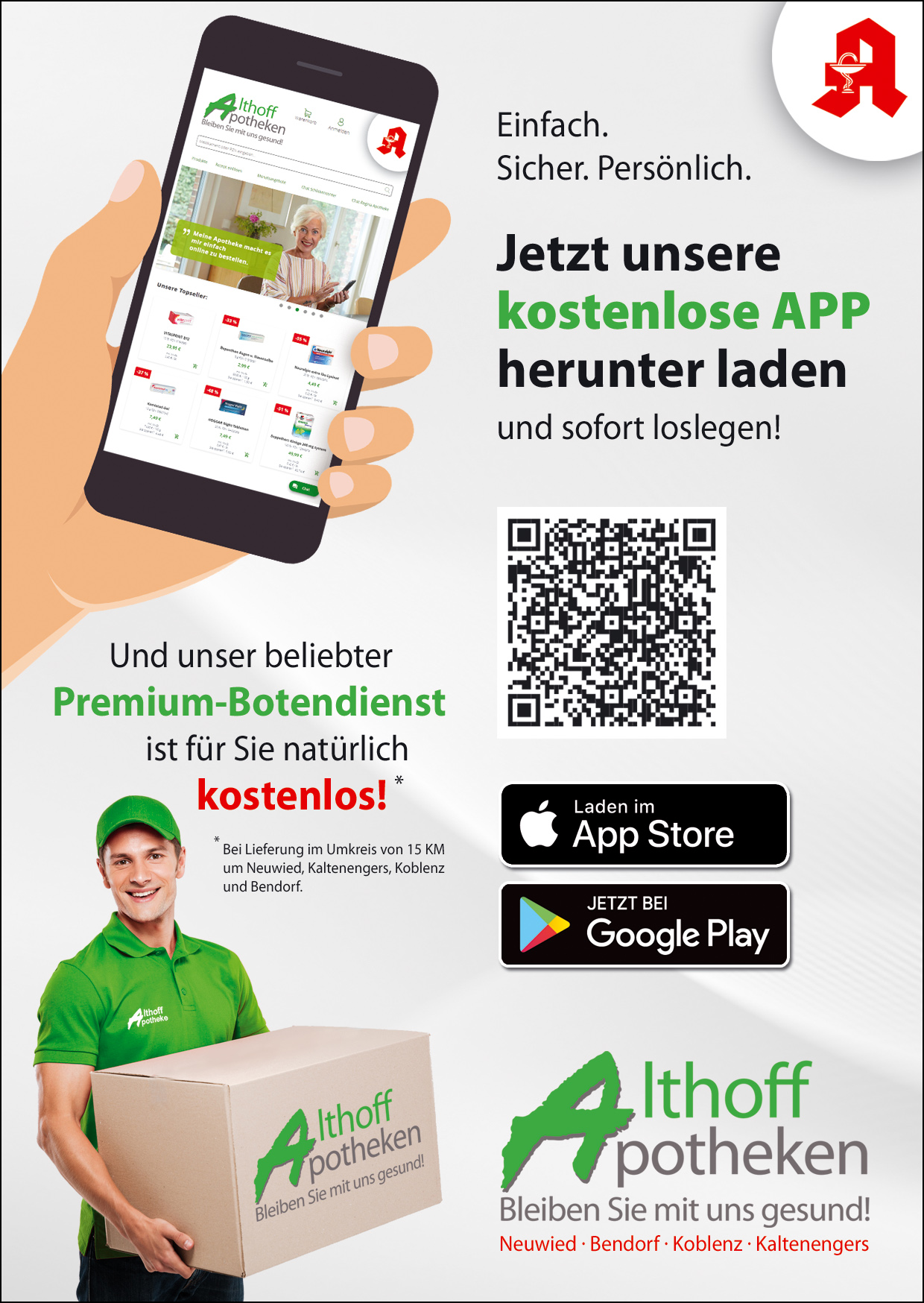 Werbegrafik der Festung Apotheke für die kostenlose App mit QR-Code, Download-Buttons und Hinweis auf Premium-Botendienst.