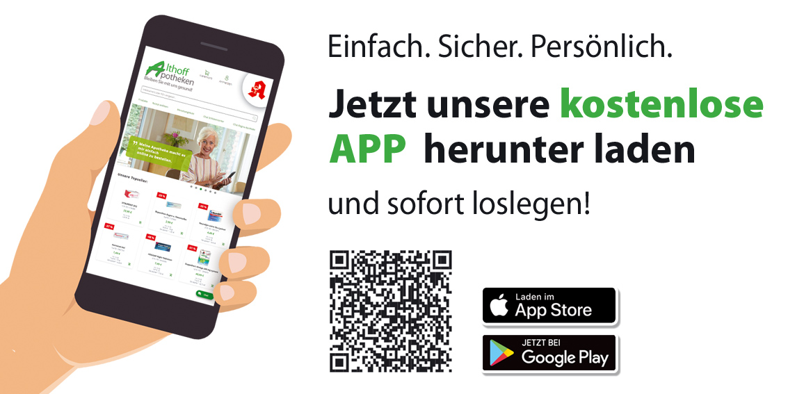 Grafik der Medardus Apotheke zur kostenlosen App mit QR-Code und Download-Buttons für App Store und Google Play.