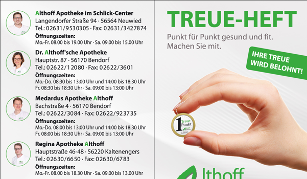 Treue-Heft der Althoff Apotheken mit Übersicht der Filialen, Adressen, Öffnungszeiten und Bonusprogramm.
